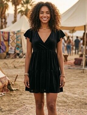 NWT SEE YOU MONDAY Black velvet tiered V-neck mini dress Small @L1